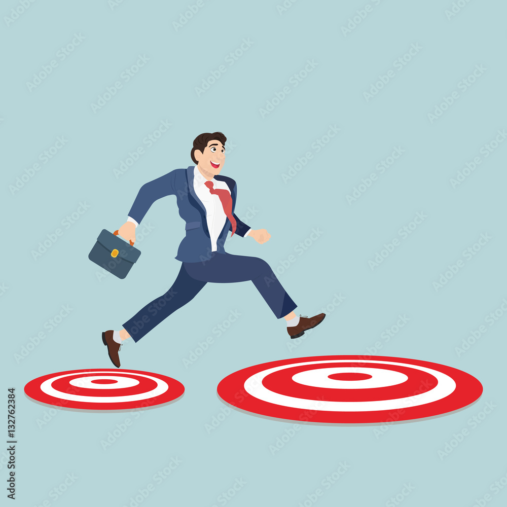 Businessman with suitcase jumping from small to big target. Business concept vector Businessman with suitcase jumping from small to big target. Business concept vector