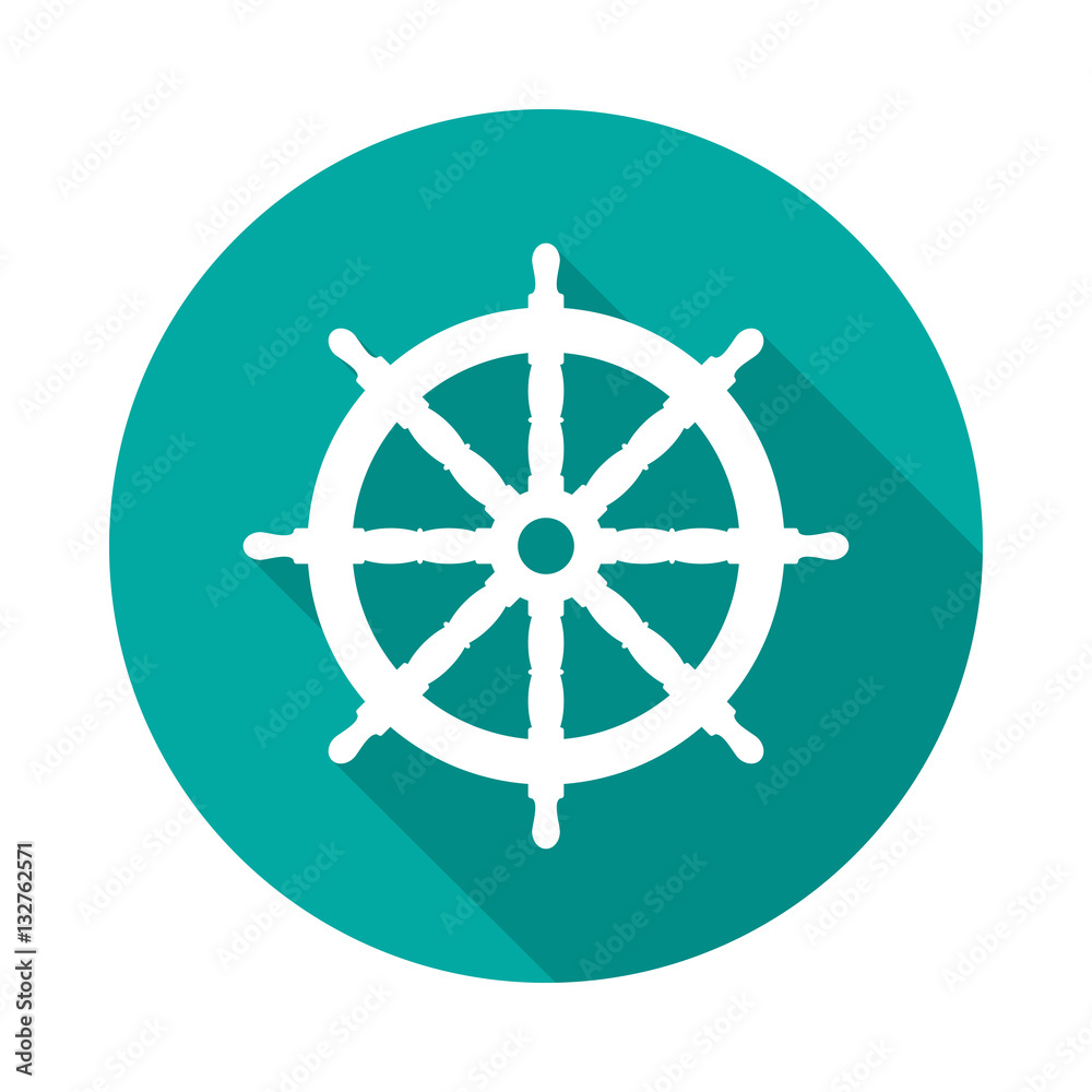 Boat steering wheel circle icon with long shadow. Flat design style. Ship helm simple silhouette. Modern round icon in stylish colors. Web site page and mobile app design vector element.