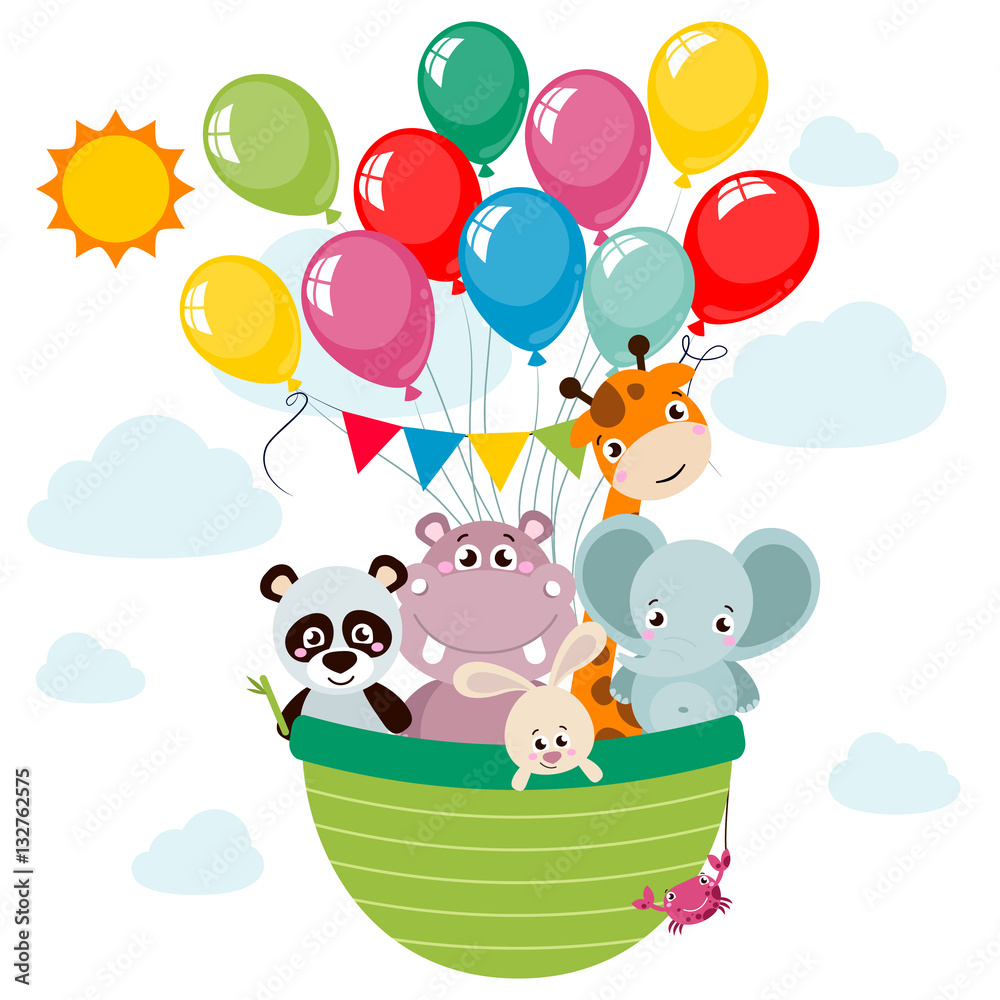 Naklejka premium Animals (panda, elephant, giraffe, rabbit, hippo, crab) cartoon style traveling by a hot air balloon. Vector childhood illustration for children postcards and posters.