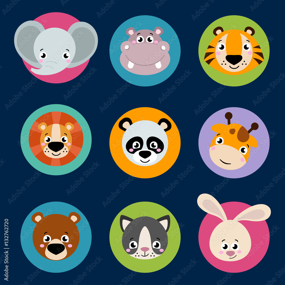 Big set head of animals icons. Vector collection funny face of animals. Cute face of animals: forest, farm, domestic in cartoon style. Giraffe, elephant, hippo, rabbit, tiger, lion, panda, cat Big set head of animals icons. Vector collection funny face of animals. Cute face of animals: forest, farm, domestic in cartoon style. Giraffe, elephant, hippo, rabbit, tiger, lion, panda, cat