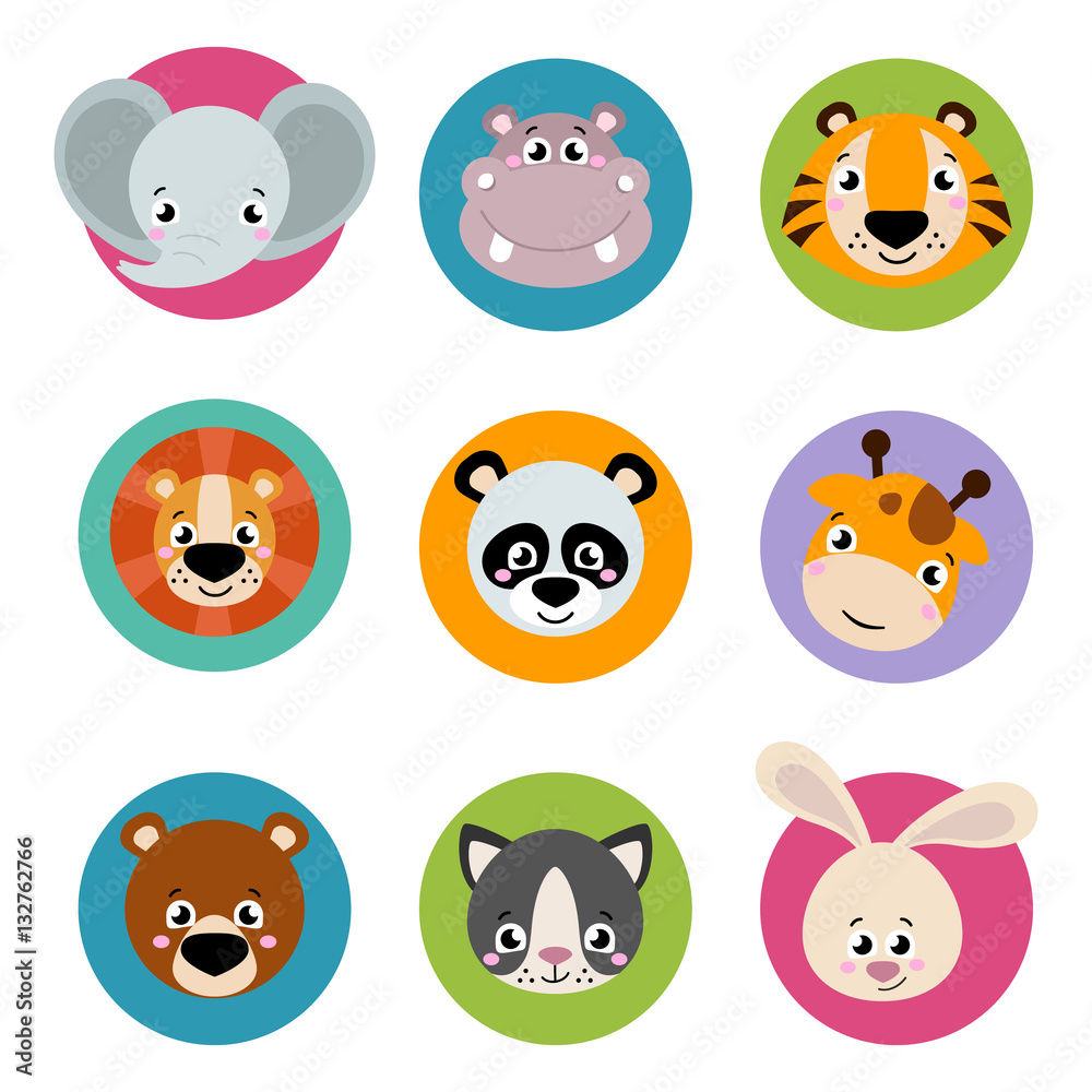 Big set head of animals icons. Vector collection funny face of animals. Cute face of animals: forest, farm, domestic in cartoon style. Giraffe, elephant, hippo, rabbit, tiger, lion, panda, cat Big set head of animals icons. Vector collection funny face of animals. Cute face of animals: forest, farm, domestic in cartoon style. Giraffe, elephant, hippo, rabbit, tiger, lion, panda, cat