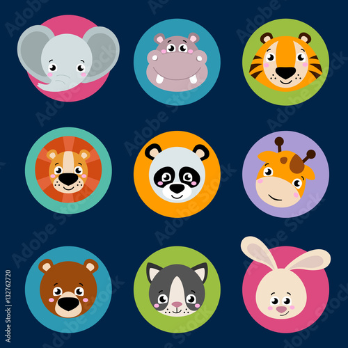 Big set head of animals icons. Vector collection funny face of animals. Cute face of animals  forest  farm  domestic in cartoon style. Giraffe  elephant  hippo  rabbit  tiger  lion  panda  cat