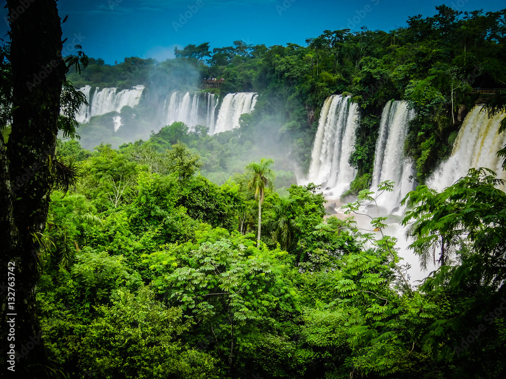 Iguazu falls foz do iguacu argentina and brazil waterfalls landscape panorama view in tropical rainforest