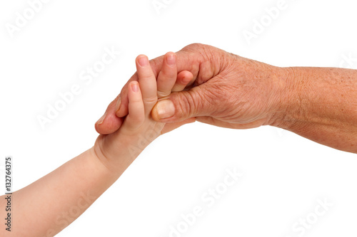 Grandmother holding grandchild's hand isolated on white background