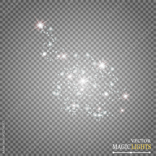 Vector white glitter abstract illustration. White star dust trail sparkling particles isolated on transparent background. Magic concept 