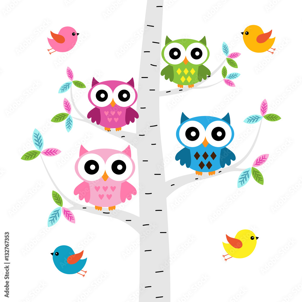 Fototapeta premium Vector set of a colorful owls at the birch tree