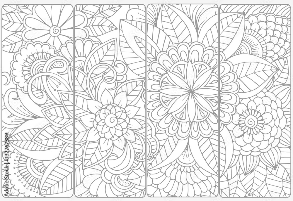 Vector set of monochrome bookmarks .Floral doodling for coloring