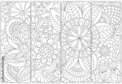 Vector set of monochrome bookmarks .Floral doodling for coloring