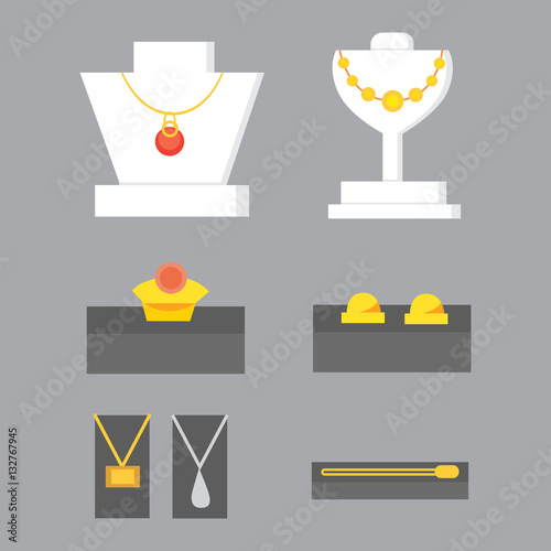 Set of jewelry items. Gold and gemstones precious accessorize