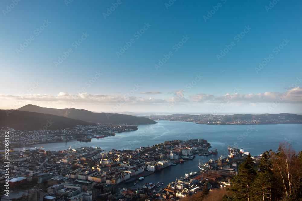 Norway city bergen aerial view on fjord from the Mount Floyen in winter