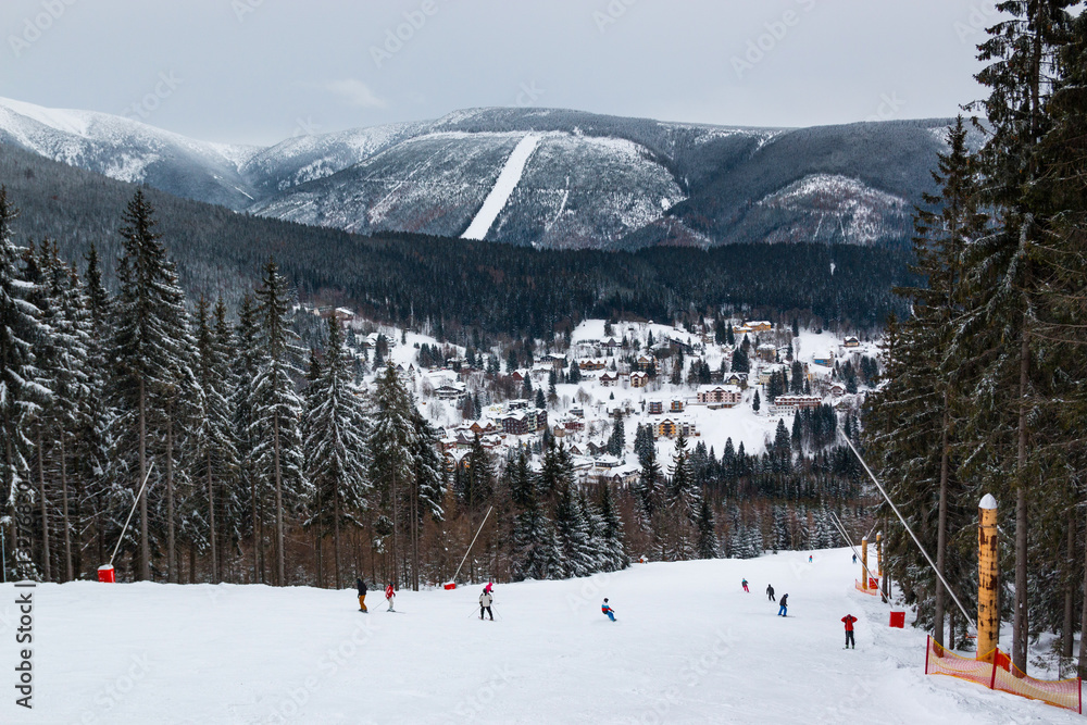 Fototapeta premium People on mountain in Czech ski resort Spindleruv Mlyn