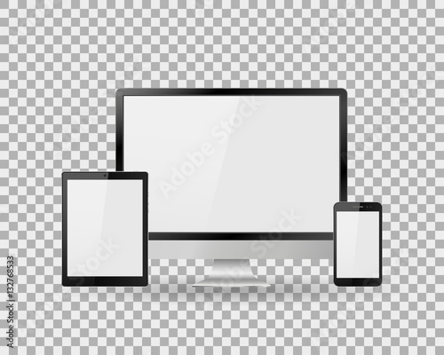 Set of realistic computer monitor, laptop, tablet and mobile phone with empty white screen. Various modern electronic gadget on isolate background. Vector illustration EPS10