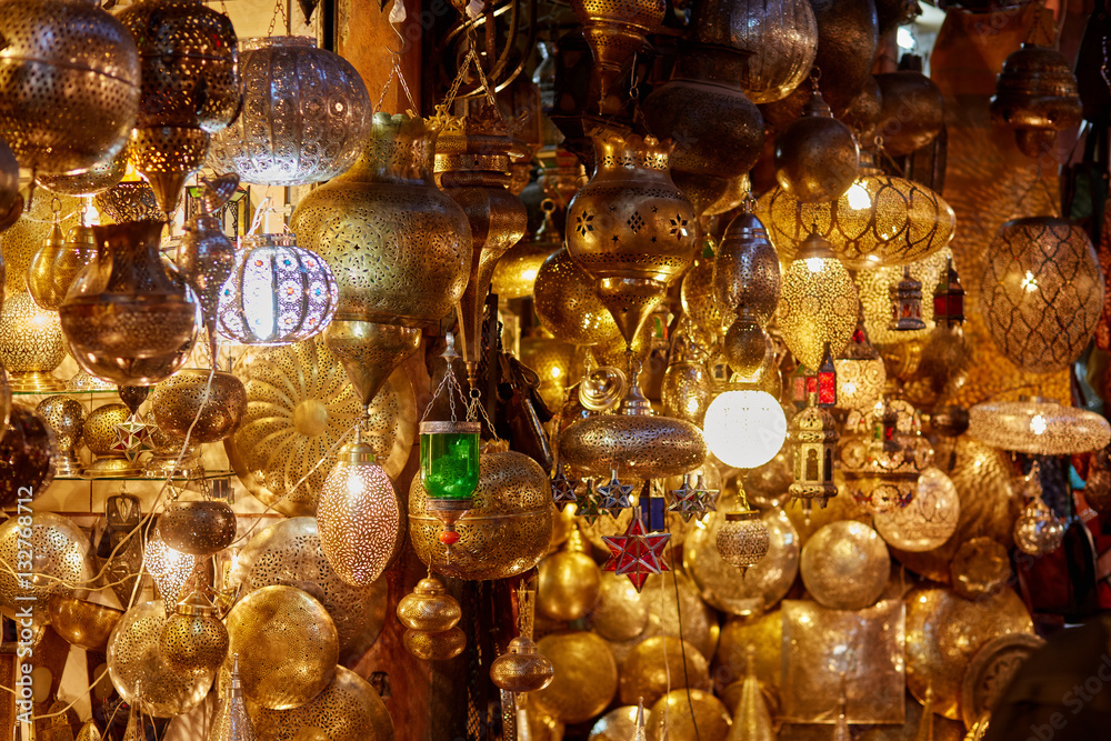 Shining moroccan metal lamps in the shop in medina of Marrakesh, Morocco