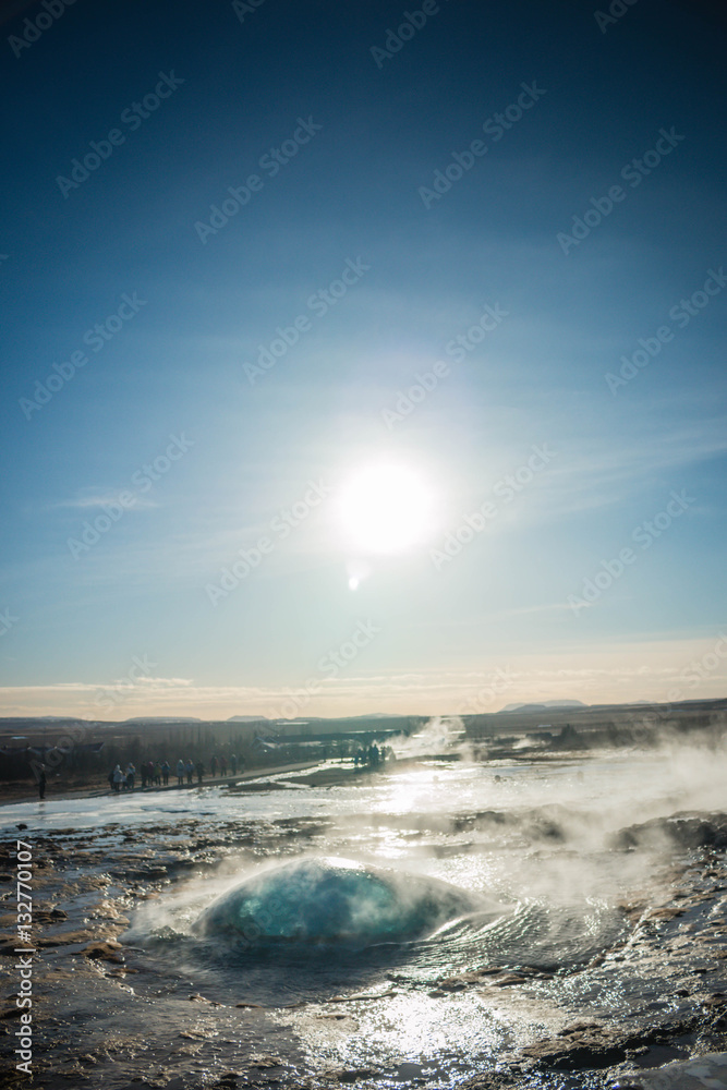 Iceland geyser Strokkur before eruption water bubble fountain hot steam ...