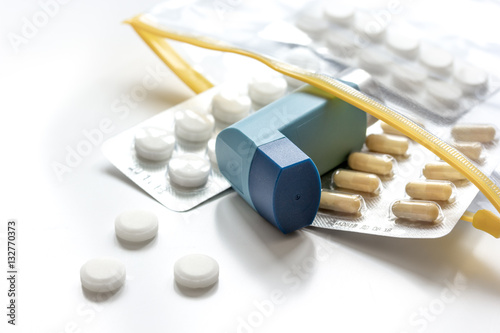 concept asthma and treatment on white background top view