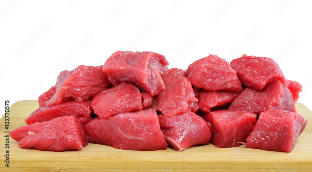 Diced raw meat on wooden board isolated Diced raw meat on wooden board isolated