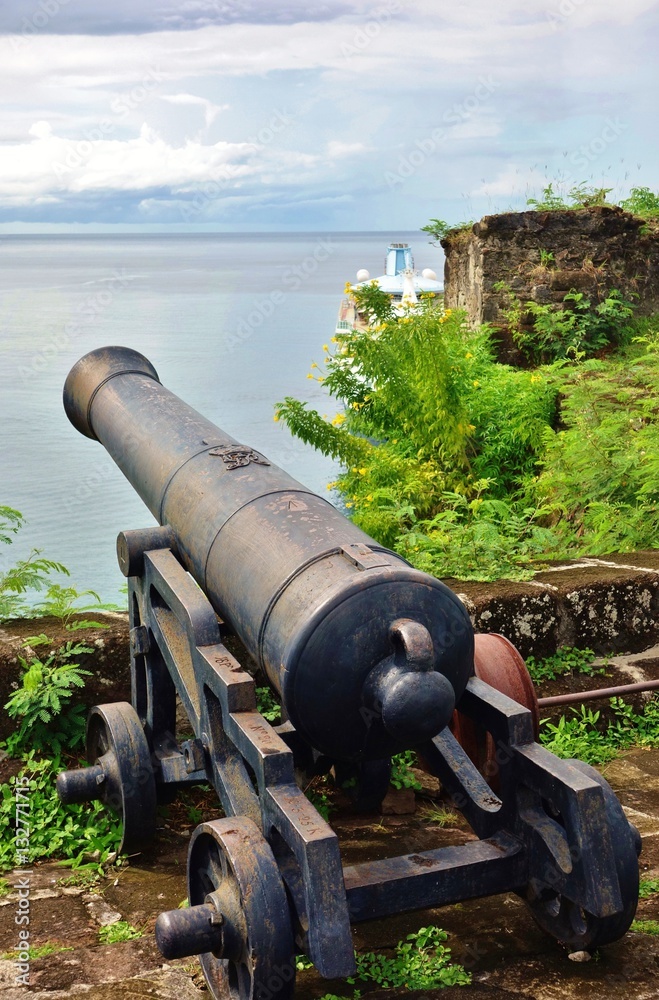 Fort George with artillery cannons overlooking St George's, the capital of Grenada Fort George with artillery cannons overlooking St George's, the capital of Grenada