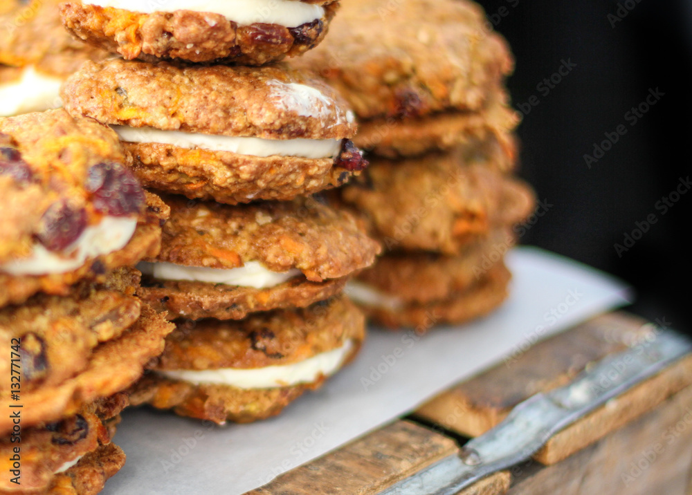Stack of sandwich cookies on the wooden box
