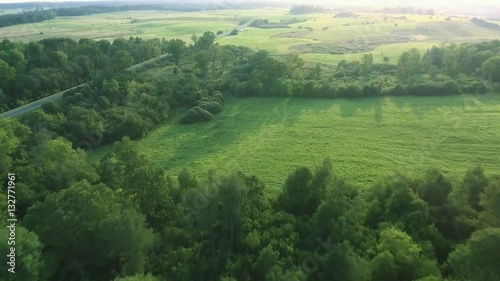 flying above green forest at summer time photo