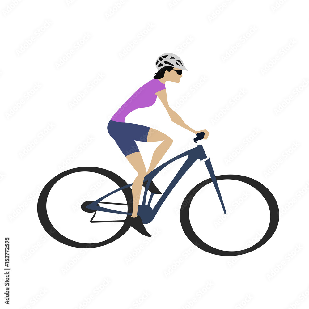 Obraz premium Cycling woman in purple jersey with dark blue bike, cartoon vect