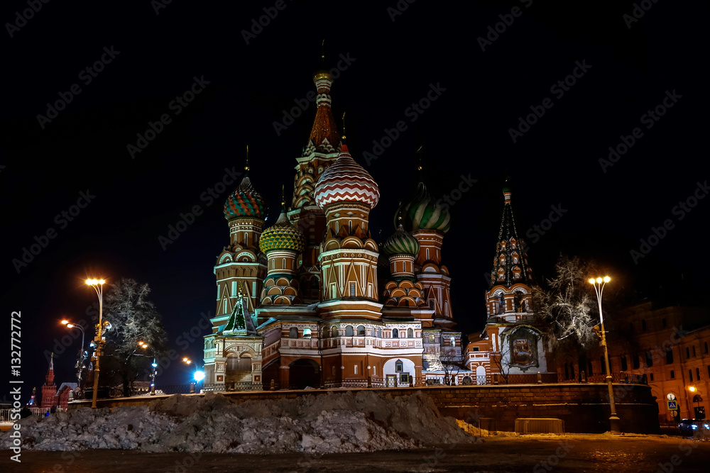 Night view of St. Basil's Cathedral in winter