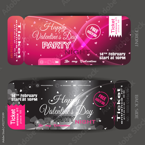 Vector Happy Valentine's Day night party ticket on the pink and black gradient background with hearts, stars and waves.