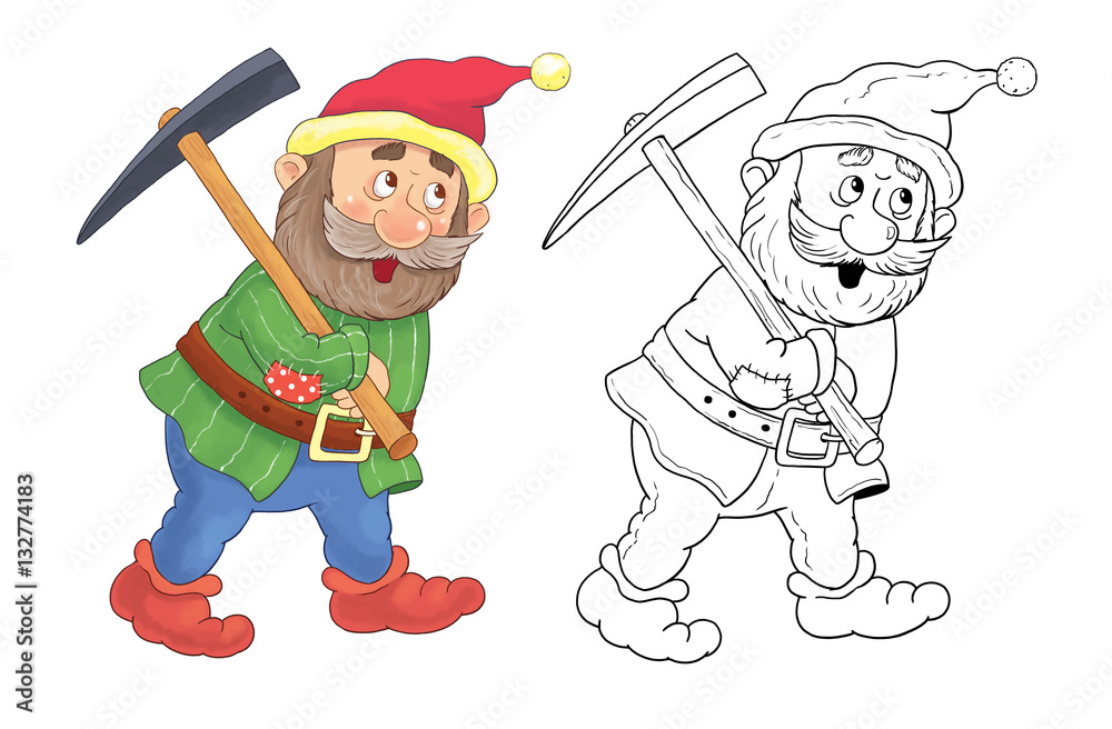 The Snow White and seven dwarfs. Fairy tale. A cute dwarf. Coloring page.  Funny cartoon characters