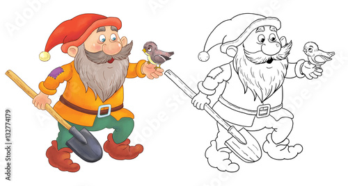 The Snow White and seven dwarfs. Fairy tale. A cute dwarf. Coloring page.  Funny cartoon characters