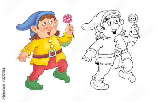 The Snow White and seven dwarfs. Fairy tale. A cute dwarf. Coloring page.  Funny cartoon characters photo