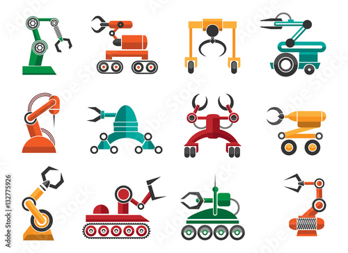 Manufacturing robotic auto hands machinery technology items isolated on white background. Industrial machine arms vector icons