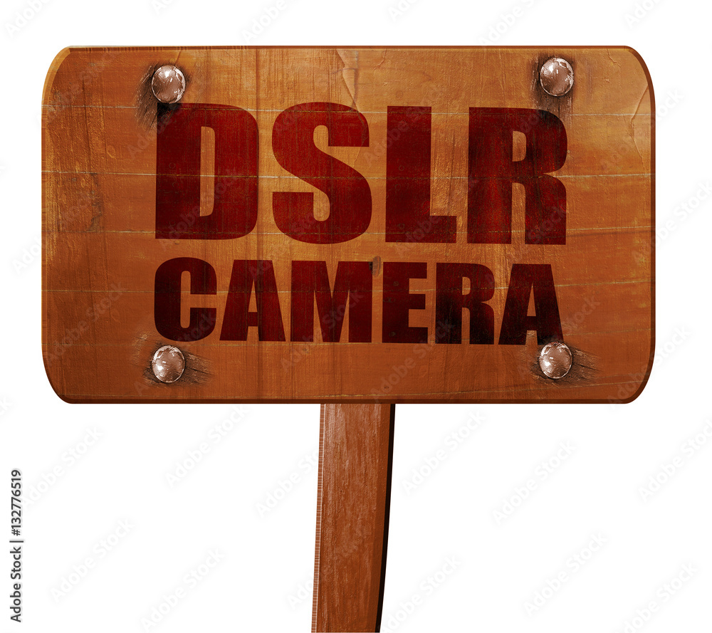 DSLR camera, 3D rendering, text on wooden sign