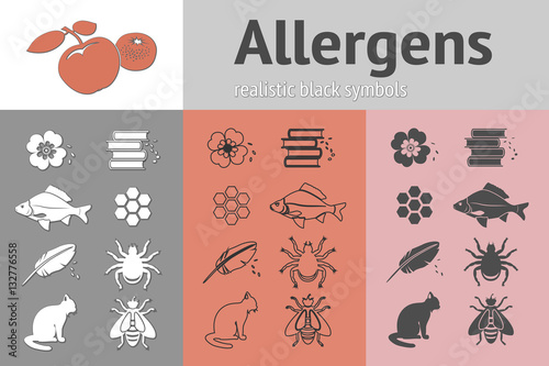 Allergen set. Fish, cat, insect, honey, bee, apple, mandarin, hackle, book, dust, pollen icons. Food and common allergy prevention symbols. Vector isolated