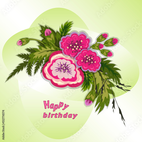 Floral composition. Bouquet of flowers on soft green background. Happy birthday pattern for woman. Greeting card. Vector illustration