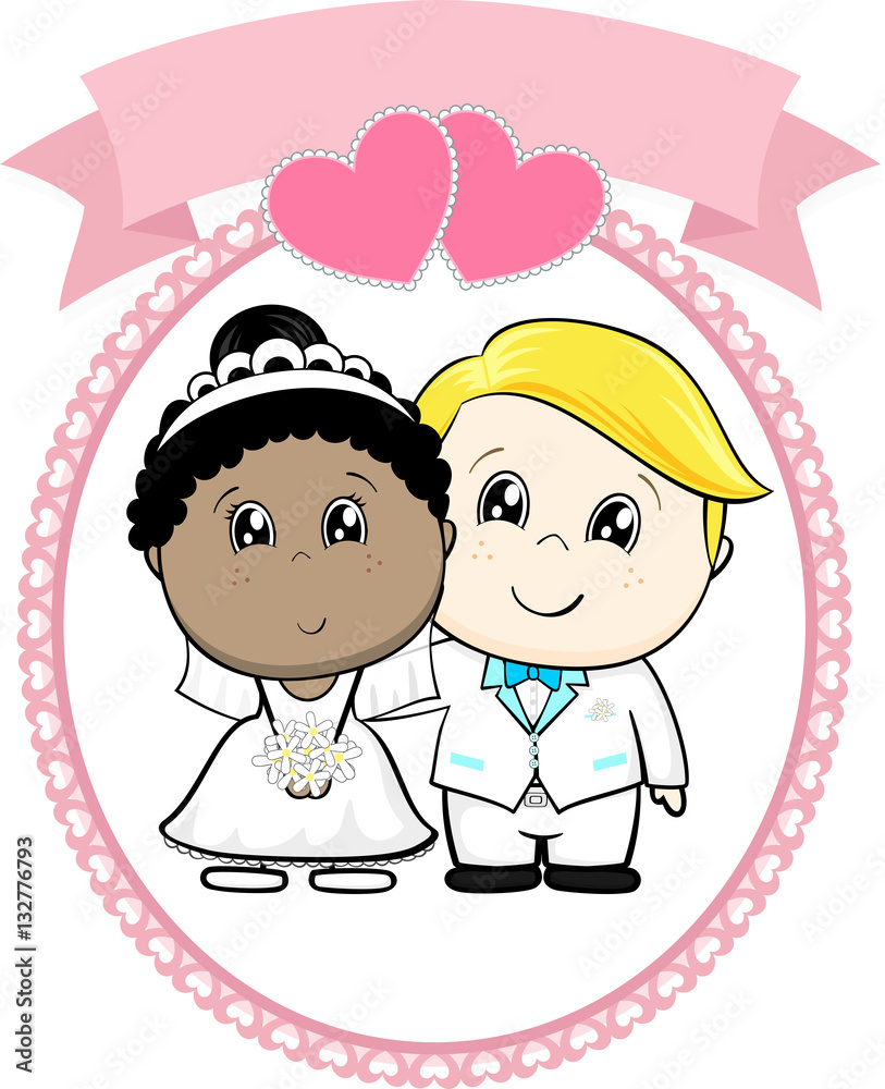 inter racial couple bride and groom with white suit on round frame whit heart and empty banner isolated on white background, ideal for funny wedding invitation inter racial couple bride and groom with white suit on round frame whit heart and empty banner isolated on white background, ideal for funny wedding invitation