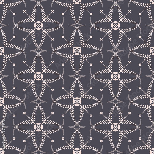 Religion seamless pattern. Laurel wreath, lace view texture with cross. Ceremonial background. Gray, beige colored. Vector 
