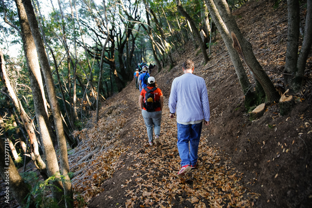 Hikers walk along a narrow hillside trail in autumn Hikers walk along a narrow hillside trail in autumn
