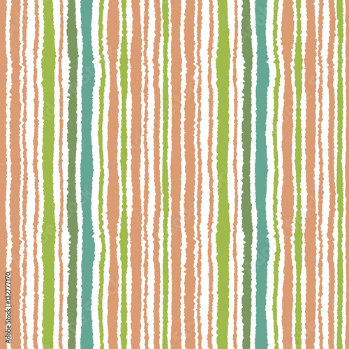 Seamless strip pattern. Vertical lines. Torn paper effect texture. Shred edge background. Turquoise, green, brown soft colors on white. Winter theme. Vector