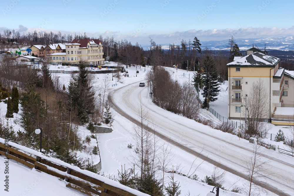 Obraz premium Center of the Horny Smokovec. Is a popular ski village in the Slovakia. Located in the mountains of the High Tatras at an altitude of 950 meters above sea level.