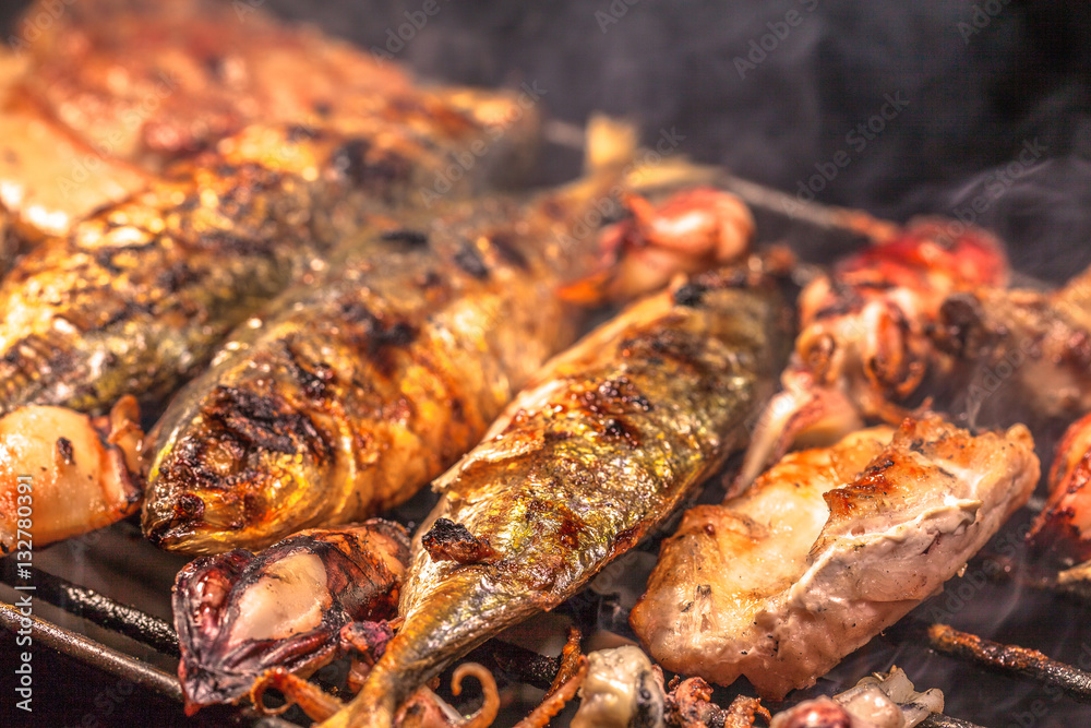 beside the street a small restaurant bbq sea food and pork for sale to tourist beside the street a small restaurant bbq sea food and pork for sale to tourist