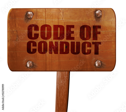 code of conduct, 3D rendering, text on wooden sign