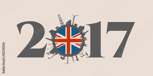 Circle with industry relative silhouettes. Vector illustration. Objects located around the circle. Industrial design background. Britain flag in the center. 2017 year number