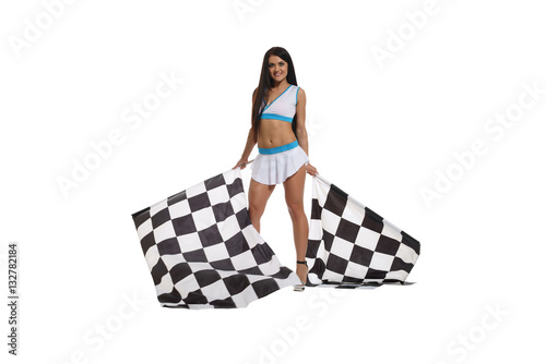 Sexy brunette in formula one style top and skirt