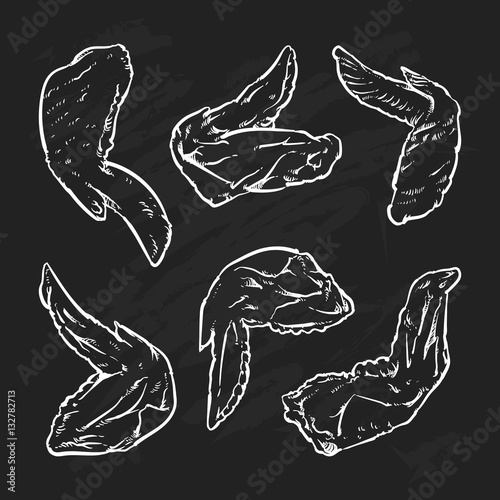 Chicken wing drawing on a black background. Hand drawn chicken w