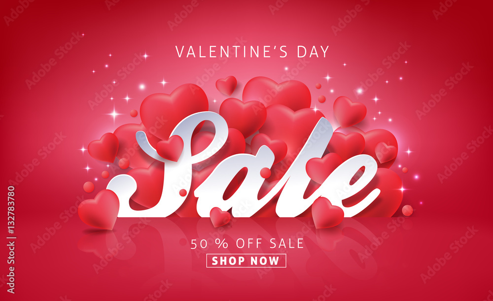 Naklejka premium Valentines day sale background with Heart Shaped Balloons. Vector illustration.banners.Wallpaper.flyers, invitation, posters, brochure, voucher discount.