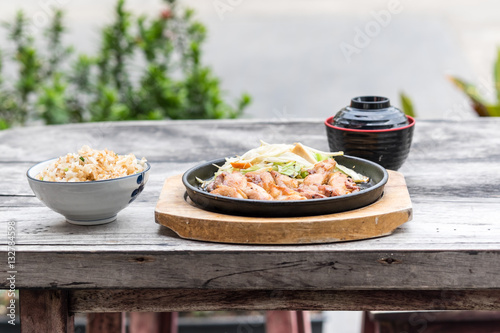 chicken steak on iron hot plate