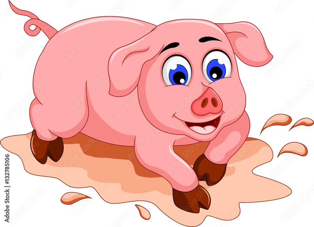Naklejka premium funny pig cartoon with mud puddle