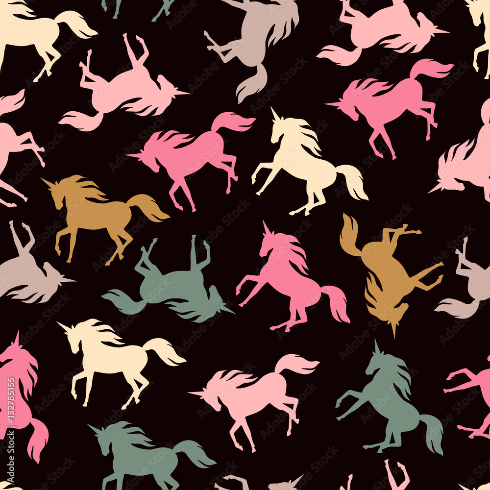 Realistic unicorn silhouette seamless pattern.