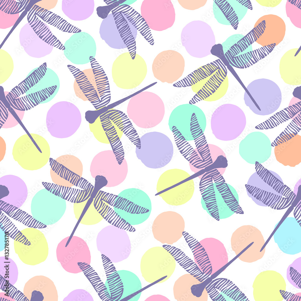 Naklejka premium Seamless pattern with dragonflies on a polka dot background.