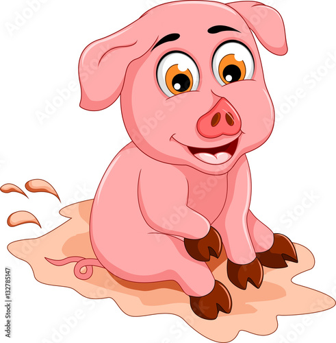 funny pig cartoon sitting in mud puddle