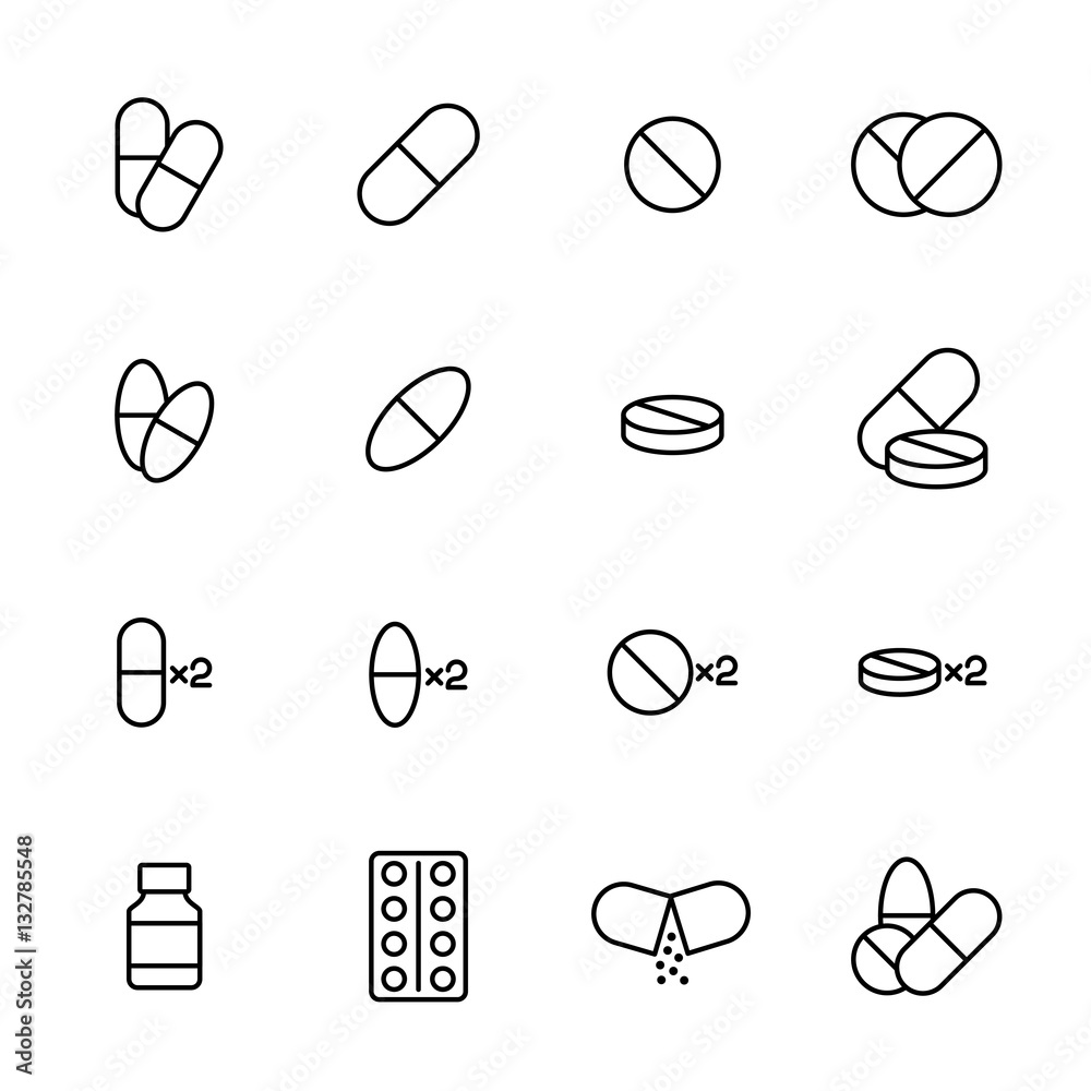 Set of pills icons in modern thin line style. - obrazy, fototapety, plakaty 